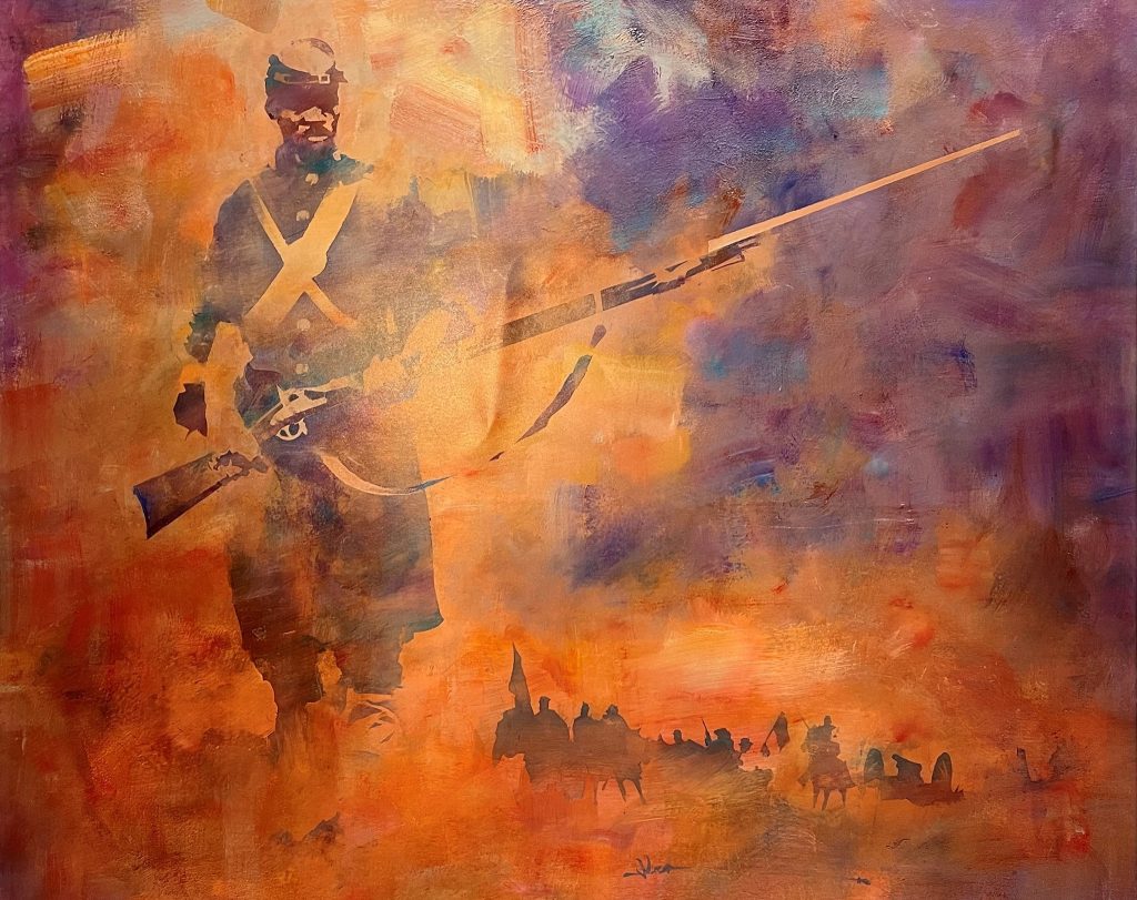 painting of a black civil war solider holding a gun with a group behind him